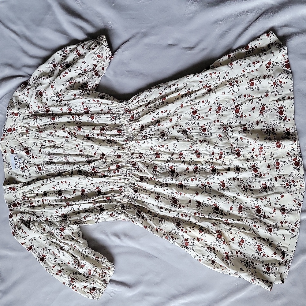 Womens Ganni Printed Crepe Mini Dress Floral White Brown Summer Spring Size 36